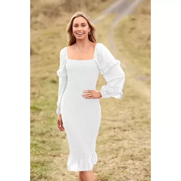 imagePRETTYGARDEN Womens Long Puff Sleeve Floral Midi Bodycon Dresses Square Neck Ruffle Mermaid Smocked DressSolid White
