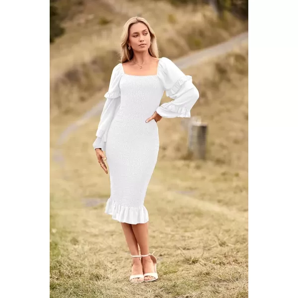 imagePRETTYGARDEN Womens Long Puff Sleeve Floral Midi Bodycon Dresses Square Neck Ruffle Mermaid Smocked DressSolid White