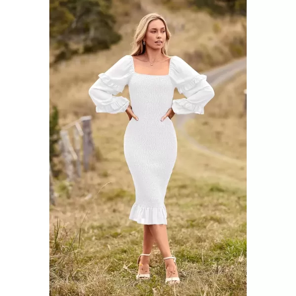 imagePRETTYGARDEN Womens Long Puff Sleeve Floral Midi Bodycon Dresses Square Neck Ruffle Mermaid Smocked DressSolid White