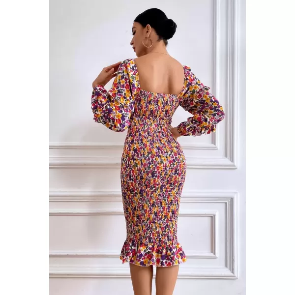 imagePRETTYGARDEN Womens Long Puff Sleeve Floral Midi Bodycon Dresses Square Neck Ruffle Mermaid Smocked DressWhite Purple