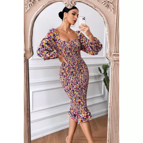 imagePRETTYGARDEN Womens Long Puff Sleeve Floral Midi Bodycon Dresses Square Neck Ruffle Mermaid Smocked DressWhite Purple