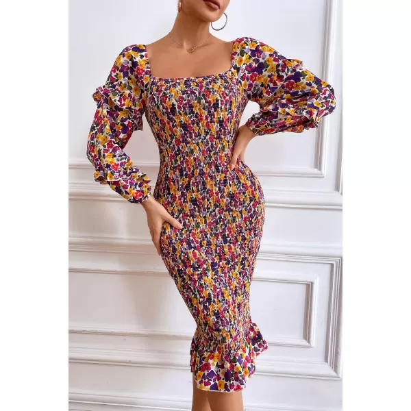 imagePRETTYGARDEN Womens Long Puff Sleeve Floral Midi Bodycon Dresses Square Neck Ruffle Mermaid Smocked DressWhite Purple