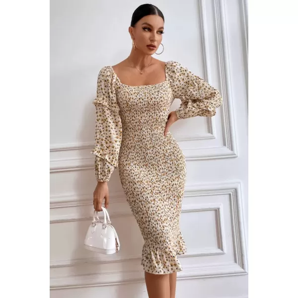 imagePRETTYGARDEN Womens Long Puff Sleeve Floral Midi Bodycon Dresses Square Neck Ruffle Mermaid Smocked DressWhite Yellow