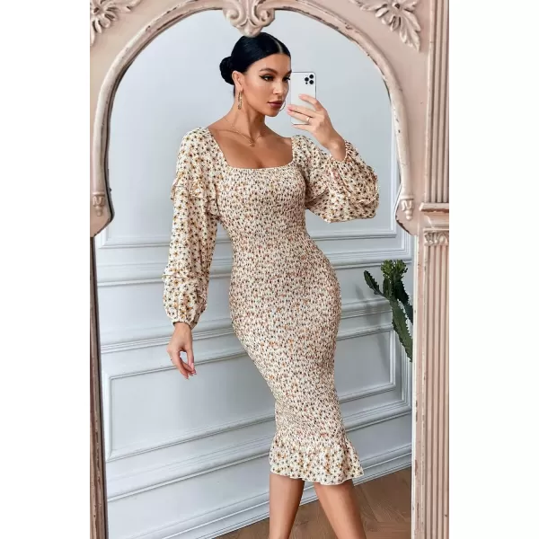 imagePRETTYGARDEN Womens Long Puff Sleeve Floral Midi Bodycon Dresses Square Neck Ruffle Mermaid Smocked DressWhite Yellow