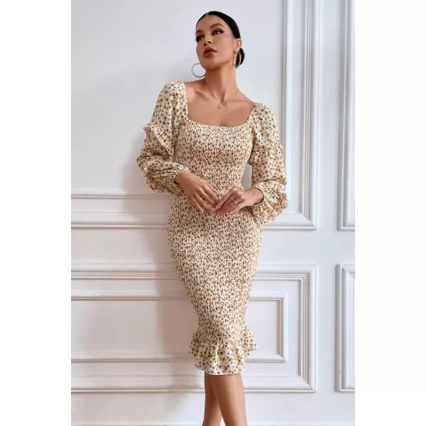 imagePRETTYGARDEN Womens Long Puff Sleeve Floral Midi Bodycon Dresses Square Neck Ruffle Mermaid Smocked DressWhite Yellow
