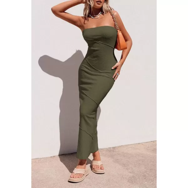 imagePRETTYGARDEN Womens Ribbed Maxi Bodycon Dress Summer Strapless Tube Y2K Party Club Long DressesArmy Green