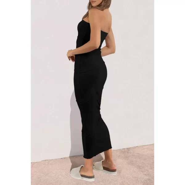 imagePRETTYGARDEN Womens Ribbed Maxi Bodycon Dress Summer Strapless Tube Y2K Party Club Long DressesBlack