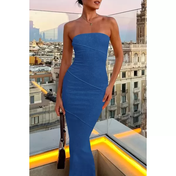 imagePRETTYGARDEN Womens Ribbed Maxi Bodycon Dress Summer Strapless Tube Y2K Party Club Long DressesBlue