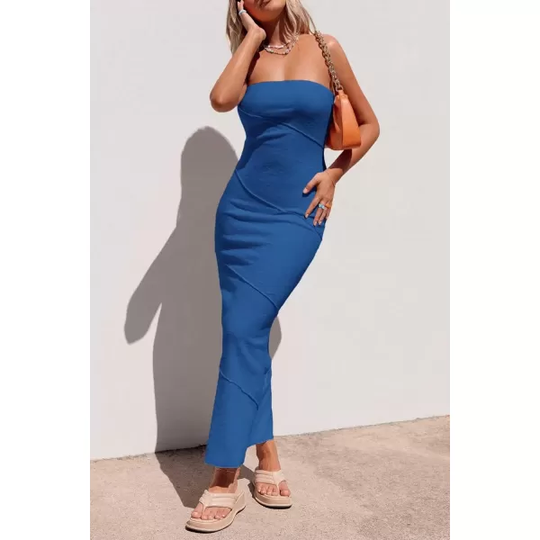 imagePRETTYGARDEN Womens Ribbed Maxi Bodycon Dress Summer Strapless Tube Y2K Party Club Long DressesBlue