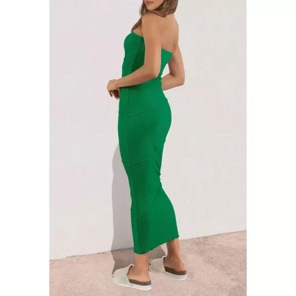 imagePRETTYGARDEN Womens Ribbed Maxi Bodycon Dress Summer Strapless Tube Y2K Party Club Long DressesGreen