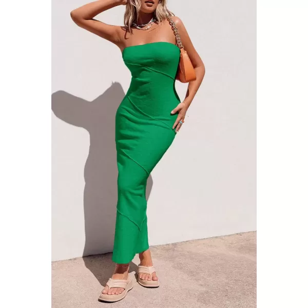 imagePRETTYGARDEN Womens Ribbed Maxi Bodycon Dress Summer Strapless Tube Y2K Party Club Long DressesGreen