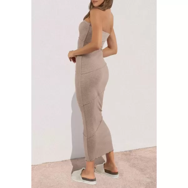 imagePRETTYGARDEN Womens Ribbed Maxi Bodycon Dress Summer Strapless Tube Y2K Party Club Long DressesKhaki