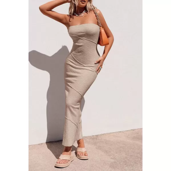 imagePRETTYGARDEN Womens Ribbed Maxi Bodycon Dress Summer Strapless Tube Y2K Party Club Long DressesKhaki
