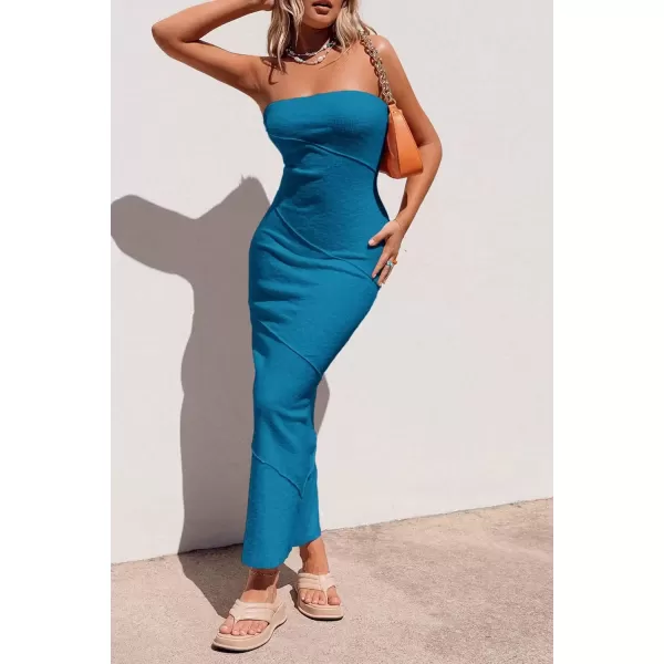 imagePRETTYGARDEN Womens Ribbed Maxi Bodycon Dress Summer Strapless Tube Y2K Party Club Long DressesLake Blue