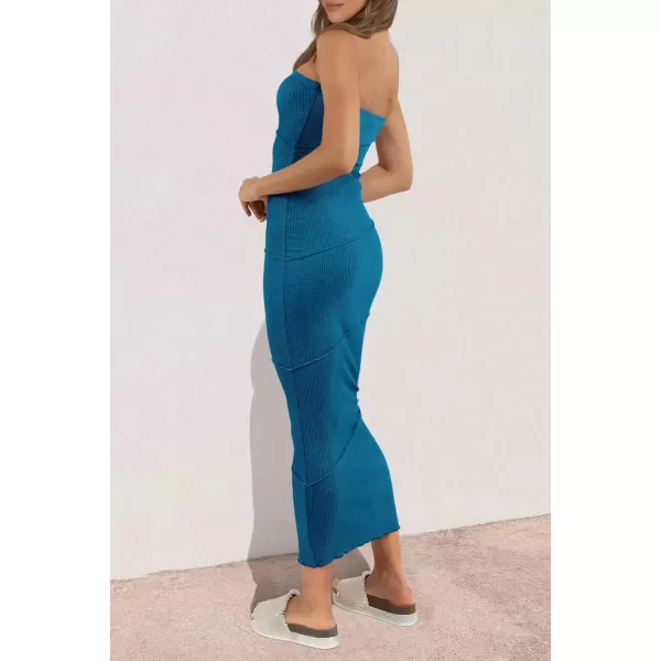 imagePRETTYGARDEN Womens Ribbed Maxi Bodycon Dress Summer Strapless Tube Y2K Party Club Long DressesLake Blue