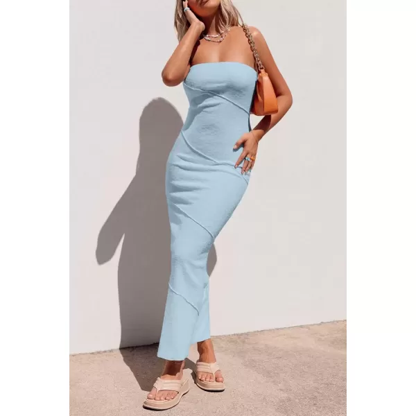 imagePRETTYGARDEN Womens Ribbed Maxi Bodycon Dress Summer Strapless Tube Y2K Party Club Long DressesLight Blue