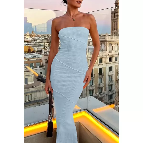 imagePRETTYGARDEN Womens Ribbed Maxi Bodycon Dress Summer Strapless Tube Y2K Party Club Long DressesLight Blue