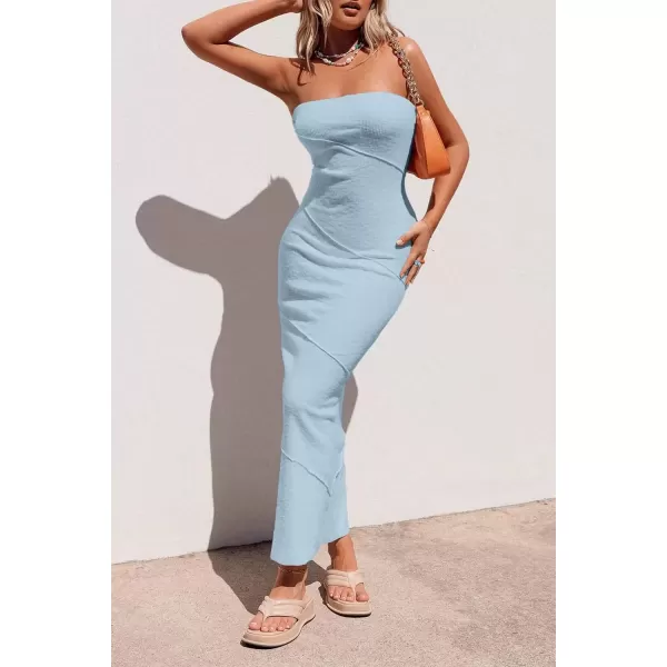 imagePRETTYGARDEN Womens Ribbed Maxi Bodycon Dress Summer Strapless Tube Y2K Party Club Long DressesLight Blue