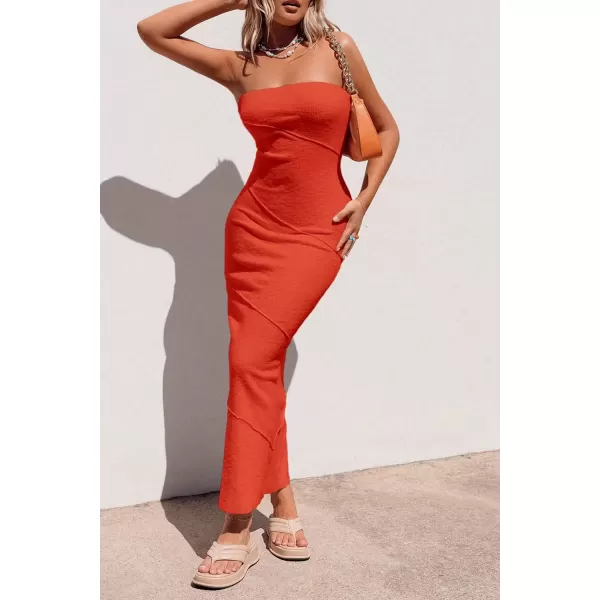 imagePRETTYGARDEN Womens Ribbed Maxi Bodycon Dress Summer Strapless Tube Y2K Party Club Long DressesOrange