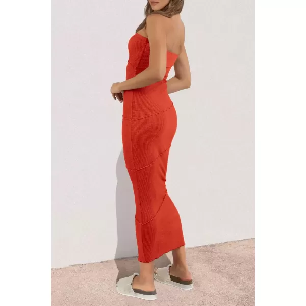 imagePRETTYGARDEN Womens Ribbed Maxi Bodycon Dress Summer Strapless Tube Y2K Party Club Long DressesOrange