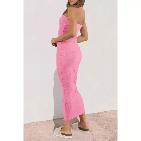 imagePRETTYGARDEN Womens Ribbed Maxi Bodycon Dress Summer Strapless Tube Y2K Party Club Long DressesPink