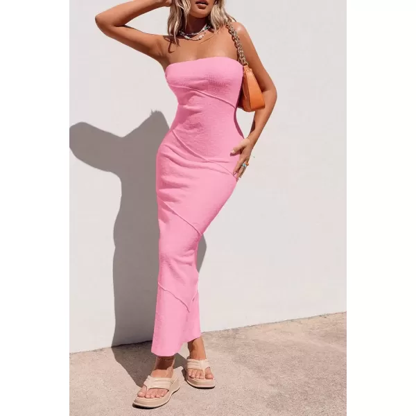 imagePRETTYGARDEN Womens Ribbed Maxi Bodycon Dress Summer Strapless Tube Y2K Party Club Long DressesPink