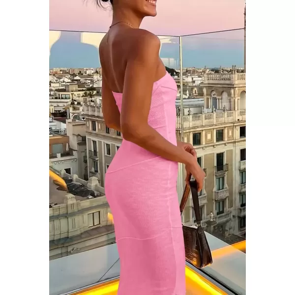 imagePRETTYGARDEN Womens Ribbed Maxi Bodycon Dress Summer Strapless Tube Y2K Party Club Long DressesPink