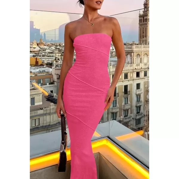 imagePRETTYGARDEN Womens Ribbed Maxi Bodycon Dress Summer Strapless Tube Y2K Party Club Long DressesRose Red