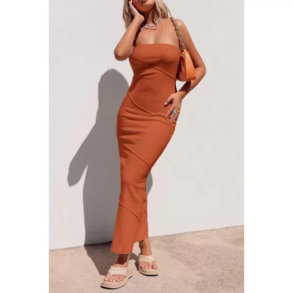 imagePRETTYGARDEN Womens Ribbed Maxi Bodycon Dress Summer Strapless Tube Y2K Party Club Long DressesRust Red