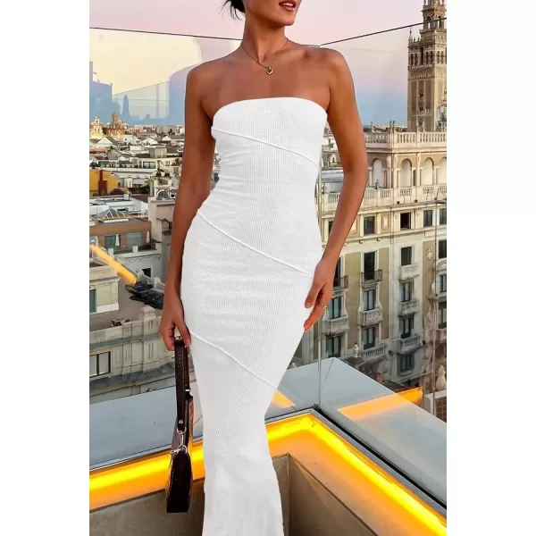 imagePRETTYGARDEN Womens Ribbed Maxi Bodycon Dress Summer Strapless Tube Y2K Party Club Long DressesWhite