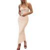 imagePRETTYGARDEN Womens Bodycon Long Dresses Summer Strapless Tube Twist Knot Front Ribbed Knit Maxi Cocktail Dress with SlitBeige