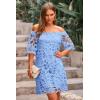 imagePRETTYGARDEN Womens Summer Off Shoulder Vintage Floral Lace Flare Short Sleeve Loose Elegant Mini DressBlue