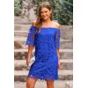 imagePRETTYGARDEN Womens Summer Off Shoulder Vintage Floral Lace Flare Short Sleeve Loose Elegant Mini DressDark Blue
