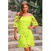 imagePRETTYGARDEN Womens Summer Off Shoulder Vintage Floral Lace Flare Short Sleeve Loose Elegant Mini DressFluorescent Green