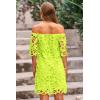imagePRETTYGARDEN Womens Summer Off Shoulder Vintage Floral Lace Flare Short Sleeve Loose Elegant Mini DressFluorescent Green