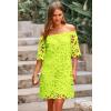 imagePRETTYGARDEN Womens Summer Off Shoulder Vintage Floral Lace Flare Short Sleeve Loose Elegant Mini DressFluorescent Green