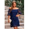 imagePRETTYGARDEN Womens Summer Off Shoulder Vintage Floral Lace Flare Short Sleeve Loose Elegant Mini DressNavy