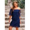imagePRETTYGARDEN Womens Summer Off Shoulder Vintage Floral Lace Flare Short Sleeve Loose Elegant Mini DressNavy