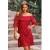 imagePRETTYGARDEN Womens Summer Off Shoulder Vintage Floral Lace Flare Short Sleeve Loose Elegant Mini DressRed