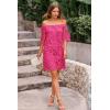 imagePRETTYGARDEN Womens Summer Off Shoulder Vintage Floral Lace Flare Short Sleeve Loose Elegant Mini DressRose Red