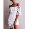 imagePRETTYGARDEN Womens Summer Off Shoulder Vintage Floral Lace Flare Short Sleeve Loose Elegant Mini DressWhite
