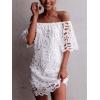 imagePRETTYGARDEN Womens Summer Off Shoulder Vintage Floral Lace Flare Short Sleeve Loose Elegant Mini DressWhite