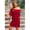 imagePRETTYGARDEN Womens Summer Off Shoulder Vintage Floral Lace Flare Short Sleeve Loose Elegant Mini DressWine Red
