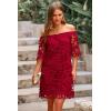 imagePRETTYGARDEN Womens Summer Off Shoulder Vintage Floral Lace Flare Short Sleeve Loose Elegant Mini DressWine Red