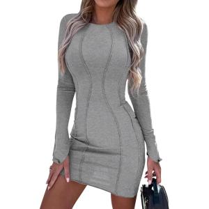 imagePRETTYGARDEN Womens 2024 Fall Bodycon Mini Dresses Casual Long Sleeve Solid Color Short Tight Ladies Party Club Fashion DressGrey
