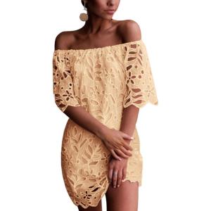 imagePRETTYGARDEN Womens Summer Off Shoulder Vintage Floral Lace Flare Short Sleeve Loose Elegant Mini DressApricot