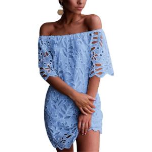 imagePRETTYGARDEN Womens Summer Off Shoulder Vintage Floral Lace Flare Short Sleeve Loose Elegant Mini DressBlue