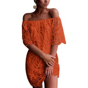 imagePRETTYGARDEN Womens Summer Off Shoulder Vintage Floral Lace Flare Short Sleeve Loose Elegant Mini DressBrick Red