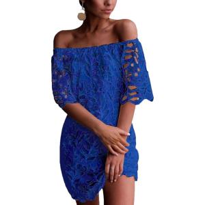 imagePRETTYGARDEN Womens Summer Off Shoulder Vintage Floral Lace Flare Short Sleeve Loose Elegant Mini DressDark Blue