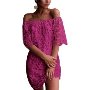 imagePRETTYGARDEN Womens Summer Off Shoulder Vintage Floral Lace Flare Short Sleeve Loose Elegant Mini DressDark Rose Red
